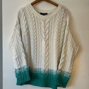 Tommy Bahama White and Teal Crew Neck Cotton Cable Knit Sweater